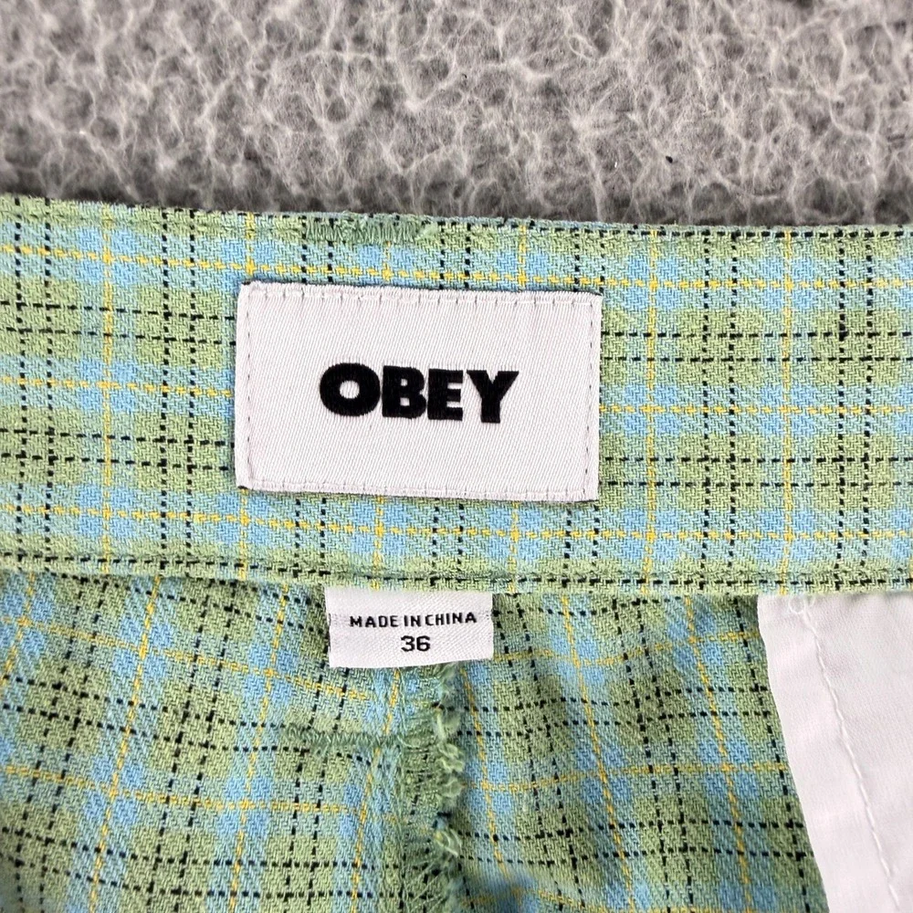 Obey Plaid Pleated Pants Mens 36 Green Blue Skate Streetwear Wide Leg Trousers